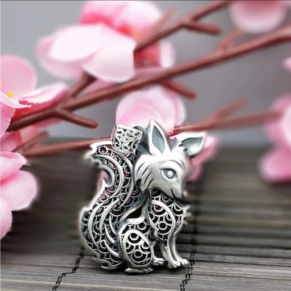 Handmade maille stainless steel necklace double wheat chain + fox design charm - Picture 5 of 15